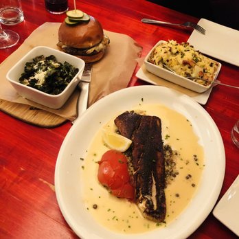 Salty Sow - Special Wagyu Burger with the Crispy Brussels Sprout Leaves, the Genuine Blackened Redfish, and the Cauliflower & Wild Rice Casserole - American Near Me - Austin, Texas