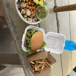 Fresh Bite Farm to Beach  - Guacho bowl with chicken and 808 steak sandwich.