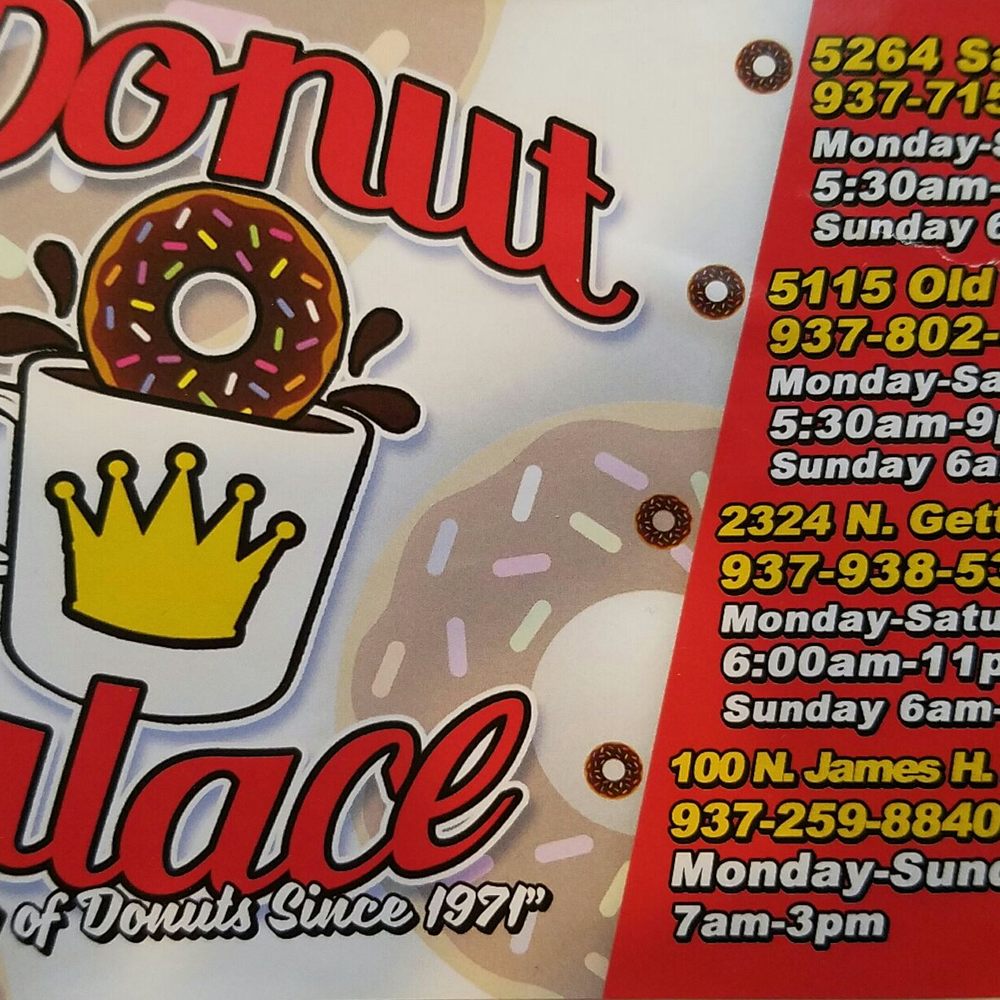 Sticker on box with all Donut Palace locations and hours. Sticker on box with all Donut Palace locations and hours.