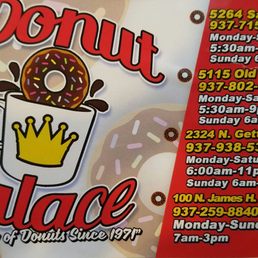 Sticker on box with all Donut Palace locations and hours. Sticker on box with all Donut Palace locations and hours.