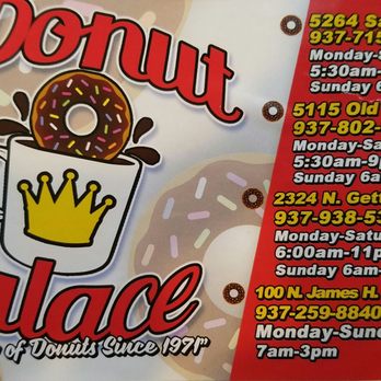 Donut Palace - Sticker on box with all Donut Palace locations and hours. - Donuts Near Me - Huber Heights, Ohio Donut Palace - Sticker on box with all Donut Palace locations and hours. - Donuts Near Me - Huber Heights, Ohio