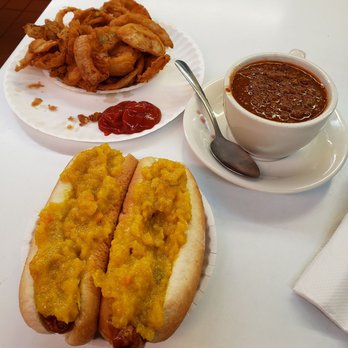 Rutt's Hut - Their famous rippers with homemade relish, side of chili w/ beans and onion rings. Delicious! - Hot Dogs Near Me - Clifton, New Jersey Rutt's Hut - Their famous rippers with homemade relish, side of chili w/ beans and onion rings. Delicious! - Hot Dogs Near Me - Clifton, New Jersey