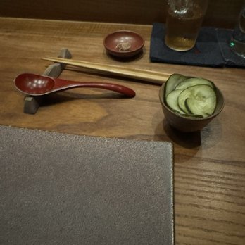 Kira - Table setting with house made pickles - Sushi Bars Near Me - Houston, Texas