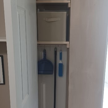 Handy Dan - After1: Dan turned part of the space into a broom closet repurposing some scrap wood into shelves. - Painters Near Me Handy Dan - After1: Dan turned part of the space into a broom closet repurposing some scrap wood into shelves. - Painters Near Me