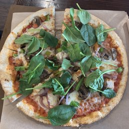 CYO- Mozzarella, Provolone, Mushrooms, Cooked Onions, Chicken, Bell Peppers, Spinach, Roasted Garlic Oil