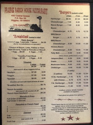Menu photo 4 Prairie Ranch House Wiggins, CO