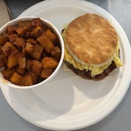 Breakfast potatoes and breakfast sandwich Breakfast potatoes and breakfast sandwich
