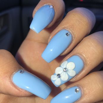 Buff N File Spa - Aqua Blue nails with 3D flower art & gems - Eyelash Service Near Me - Tempe, Arizona