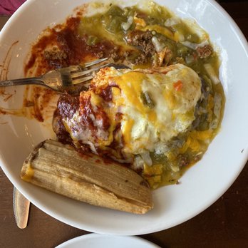 Mi Dia From Scratch - Ox eye stacked enchilada with a side tamale. - Mexican Near Me - Plano, Texas Mi Dia From Scratch - Ox eye stacked enchilada with a side tamale. - Mexican Near Me - Plano, Texas