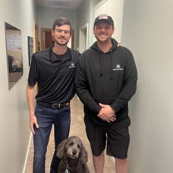 Wright Auto Works - John, Dylan and the standard poodle mascot for Wright Auto Works