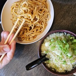 Umi Japanese Sushi & Hibachi - Lo mein noodles as a side and the crumbly onions on the egg drop - yummy