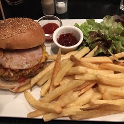 Le Baili - Texan burger, well done with fries and side salad!