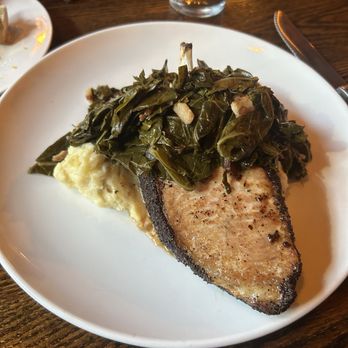 Honeysuckle - Coffee crusted pork chop with creamy mashed potatoes and greens. - New American Near Me - Berea, Kentucky