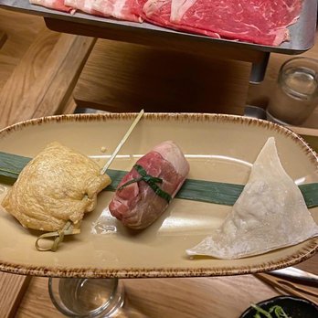 DipDipDip Tatsu-Ya - Middle: Raclette Cheese Wrapped Mushroom, Beef Wrapped Foie Gras, and Blue Crab | Top: Wagyu Ribeye Gold and Kurobuta Pork Belly - Japanese Near Me - Austin, Texas DipDipDip Tatsu-Ya - Middle: Raclette Cheese Wrapped Mushroom, Beef Wrapped Foie Gras, and Blue Crab | Top: Wagyu Ribeye Gold and Kurobuta Pork Belly - Japanese Near Me - Austin, Texas