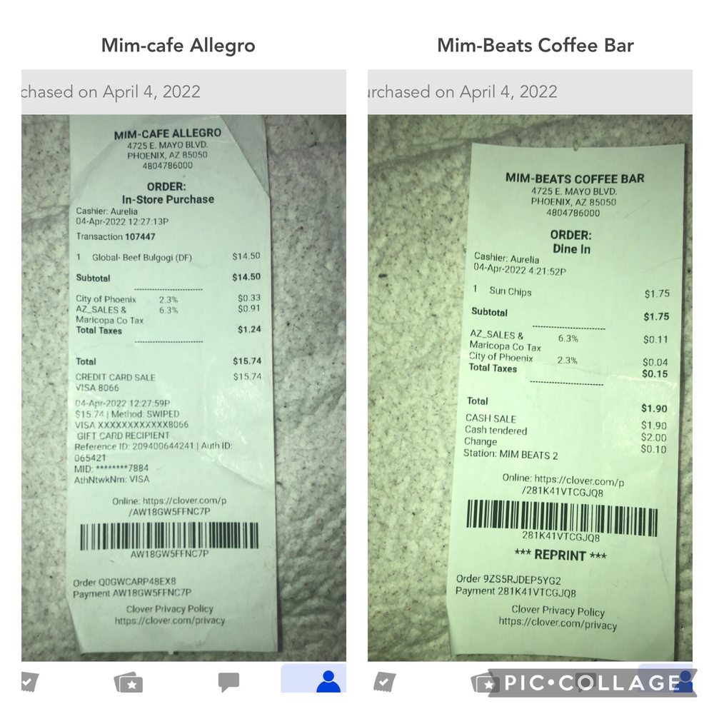 Restaurant receipts
