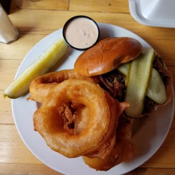 Fire By The Monon - Special Cubano burger with onion rings - American Near Me - Indianapolis, Indiana Fire By The Monon - Special Cubano burger with onion rings - American Near Me - Indianapolis, Indiana