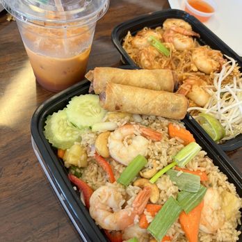Thai Curbside by Sawasdee - Kao padd Sab pa rod  with fried egg rolls / Shrimp Pad Thai - Thai Near Me - Indianapolis, Indiana