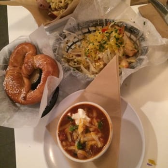 LowBrau - Pretzel, chili and one of the schnitzels.... The pretzel is amazing, the chili not  so much. - German Near Me - Sacramento, California