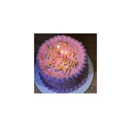The example photo, explained that the whole thing was pinkish purple and that the words were raised and sprinkles on the whole cake. The example photo, explained that the whole thing was pinkish purple and that the words were raised and sprinkles on the whole cake.
