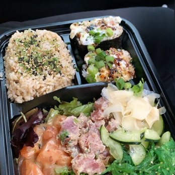 Lei'd Island Kitchen - Bento box with salmon and tuna, brown rice, and brûlée musubi - Hawaiian Near Me - Vienna, Virginia Lei'd Island Kitchen - Bento box with salmon and tuna, brown rice, and brûlée musubi - Hawaiian Near Me - Vienna, Virginia