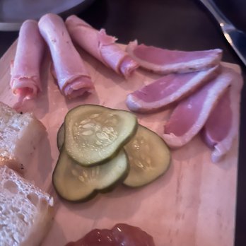 Noble Kitchen + Bar - Charcuterie $21 - close up of the "Rotating Selection of Pioneer Valley Smoked Meats (haha) and House Pickles (like "house wine - crappy) - American Near Me - Brunswick, Maine