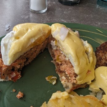 Snow City Cafe - Ship creek benedict - super dry salmon cake, not runny egg - Breakfast & Brunch Near Me - Anchorage, Alaska
