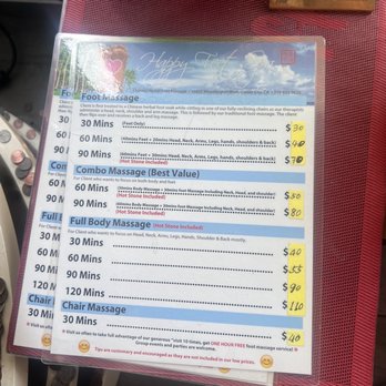 Happy Feet Spa - massage menu and prices - Massage Near Me - Culver City, California