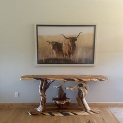 Cleveland Creek Lodge & Log Furniture - Custom made 84" L solid wood Entry pieces. Spiral Juniper legs with base, top and shelf solid piece Cedar. Highland Cow Picture.