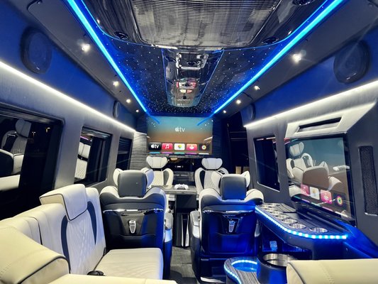 1 of 1 Luxury - This beautiful Mercedes Benz luxury Sprinter is truly unique and there is not one out there like it. It sits 9 to 10 adults total and equipped with for Maybach touchscreen captain chairs that can massage, cool, heat, reclined with a simple touch. A "J" seat bench for 5 to 6 in the rear, a PlayStation five, Wi-Fi, 50 inch and 43 inch smart TVs, Apple TV/music, Netflix, wet bar and of course state of the art Sound system. Let's not forget the beautiful starlight headliner for those late night relaxing drives.