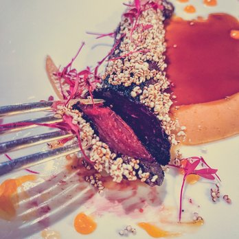 Acquerello - "Dry-aged" Formanova beetroot, salsify, amaranth, mandarin, licorice. - Italian Near Me - San Francisco, California