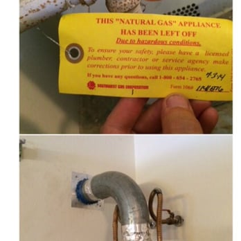 The Inspection People - This is the tag that Southwest Gas put on our hot water heater that deemed it unsafe for our family that was clearly missed. - Home Inspectors Near Me The Inspection People - This is the tag that Southwest Gas put on our hot water heater that deemed it unsafe for our family that was clearly missed. - Home Inspectors Near Me