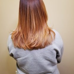 Bella Hair - Radiant red and copper dimension through balayage and color melding, with olaplex and a cut