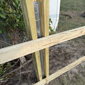 B-Line Fence - Showing how we box in our metal post we use on all wood and vinyl fences that we drive 4 ft. - Fences & Gates Near Me - Auburn, Alabama B-Line Fence - Showing how we box in our metal post we use on all wood and vinyl fences that we drive 4 ft. - Fences & Gates Near Me - Auburn, Alabama
