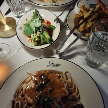 Sinatra - Chicken Marsala with asparagus and zucchini fries and scallops with risotto. - Italian Near Me - Nashville, Tennessee