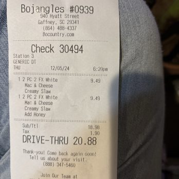 Bojangles - Our receipt to prove the location and what we ordered. - Fast Food Near Me - Gaffney, South Carolina Bojangles - Our receipt to prove the location and what we ordered. - Fast Food Near Me - Gaffney, South Carolina