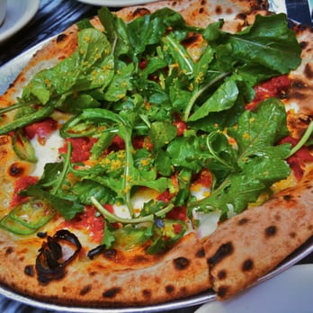 Gjelina - Smoked Mozzarella, Confit Tomato, Jalapeño, Arugula, Lemon & Bottarga - New American Near Me - Venice, California Gjelina - Smoked Mozzarella, Confit Tomato, Jalapeño, Arugula, Lemon & Bottarga - New American Near Me - Venice, California