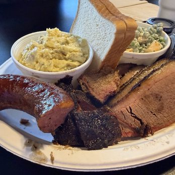 Bare Bull BBQ - 3 Meat combo with pea salad and potato salad - Barbeque Near Me - Canyon Lake, Texas