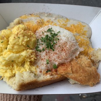 Biscuit Bitch - Gritty Scrambled Cheesy Bitch (biscuit and gravy smothered in cheese, scrambled eggs and vegetarian shiitake mushroom gravy) - Breakfast & Brunch Near Me - Seattle, Washington Biscuit Bitch - Gritty Scrambled Cheesy Bitch (biscuit and gravy smothered in cheese, scrambled eggs and vegetarian shiitake mushroom gravy) - Breakfast & Brunch Near Me - Seattle, Washington
