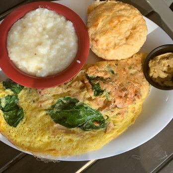 Ruby Sunshine Charlotte Southend - BYO - Omelette, with salmon, spinach, cheese. Side of grits and a biscuit - Breakfast & Brunch Near Me - Charlotte, North Carolina Ruby Sunshine Charlotte Southend - BYO - Omelette, with salmon, spinach, cheese. Side of grits and a biscuit - Breakfast & Brunch Near Me - Charlotte, North Carolina