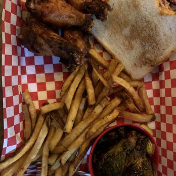 Dixie Q - Meat combo with wings and pork, fries and Brussels sprouts - Barbeque Near Me - Atlanta, Georgia Dixie Q - Meat combo with wings and pork, fries and Brussels sprouts - Barbeque Near Me - Atlanta, Georgia