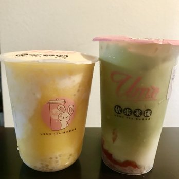 Ume Tea - Mango Pomelo Sago (left); Strawberry Matcha Tea Latte (right) - Coffee & Tea Near Me - Cupertino, California Ume Tea - Mango Pomelo Sago (left); Strawberry Matcha Tea Latte (right) - Coffee & Tea Near Me - Cupertino, California