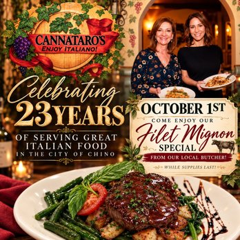 Cannataro's - Celebrating 23 years of great Italian cooking thank you to all of our wonderful customers for our success - Italian Near Me - Chino, California Cannataro's - Celebrating 23 years of great Italian cooking thank you to all of our wonderful customers for our success - Italian Near Me - Chino, California