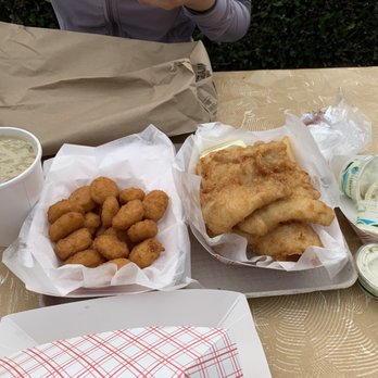 Barbara's Fishtrap - Left to Right: Bowl of Clam Chowder, Corn Fritters, and Fish and Chips. Tons of Tartar sauce as well! - Seafood Near Me - Half Moon Bay, California Barbara's Fishtrap - Left to Right: Bowl of Clam Chowder, Corn Fritters, and Fish and Chips. Tons of Tartar sauce as well! - Seafood Near Me - Half Moon Bay, California