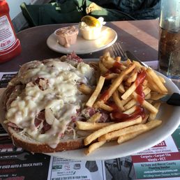 Humongous Reuben and French Fries. Side of coleslaw and Russian Dressing with pickle. Humongous Reuben and French Fries. Side of coleslaw and Russian Dressing with pickle.