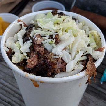 Reel Bbq - Bucket with brisket stacked with everything BBQ (brisket, beans, slaw and Mac n cheese) - Barbeque Near Me - Palm Harbor, Florida