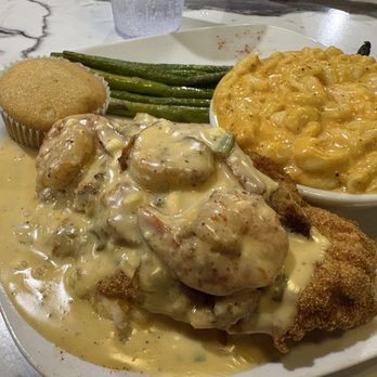 Blaze Bistro - Crab & Shrimp Stuffed Catfish Mac & Cheese Asparagus Garlic Mashed Potatoes - Soul Food Near Me - Humble, Texas