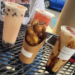 Rose milk tea, strawberry green, dark knight, Nutella bubble waffle.