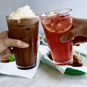 Brew Bytes Cafe - Iced Zebra Mocha (left) & 16 oz. Fresh Strawberry Lemonade (right) - Cafes Near Me - Cupertino, California