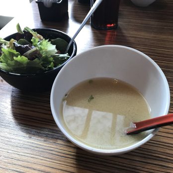 Rock-n-Sake Bar & Sushi - Miso soup and house salad with creamy mango dressing... super tasty!! - Sushi Bars Near Me - Baton Rouge, Louisiana Rock-n-Sake Bar & Sushi - Miso soup and house salad with creamy mango dressing... super tasty!! - Sushi Bars Near Me - Baton Rouge, Louisiana