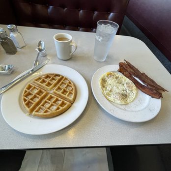 The Omelette House - Eggs over medium with perfect, high quality bacon, a waffle, coffee and ice water. - Breakfast & Brunch Near Me - San Carlos, California The Omelette House - Eggs over medium with perfect, high quality bacon, a waffle, coffee and ice water. - Breakfast & Brunch Near Me - San Carlos, California